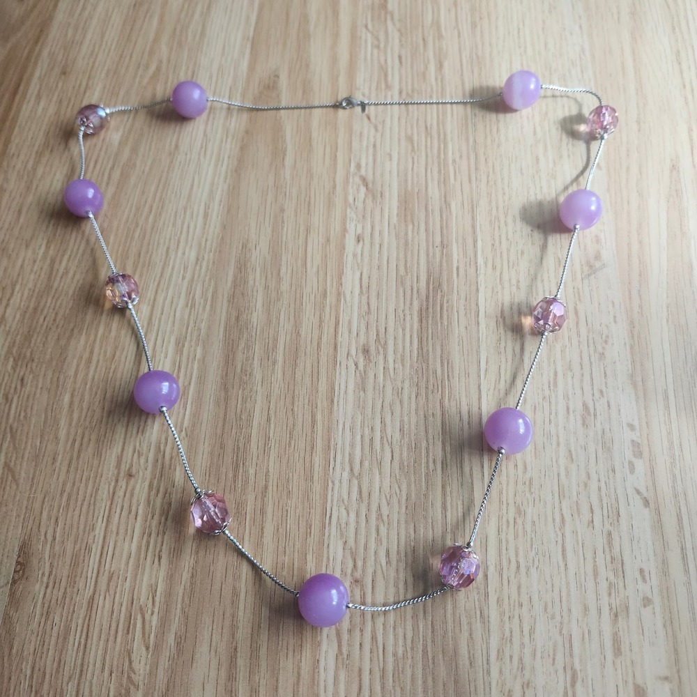 Vintage Avon Pink Lucite Beaded Necklace Long Silver Tone Chain Retro Statement